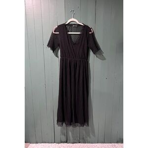 ZARA Black Dot-Texture V-Neck Midi Dress